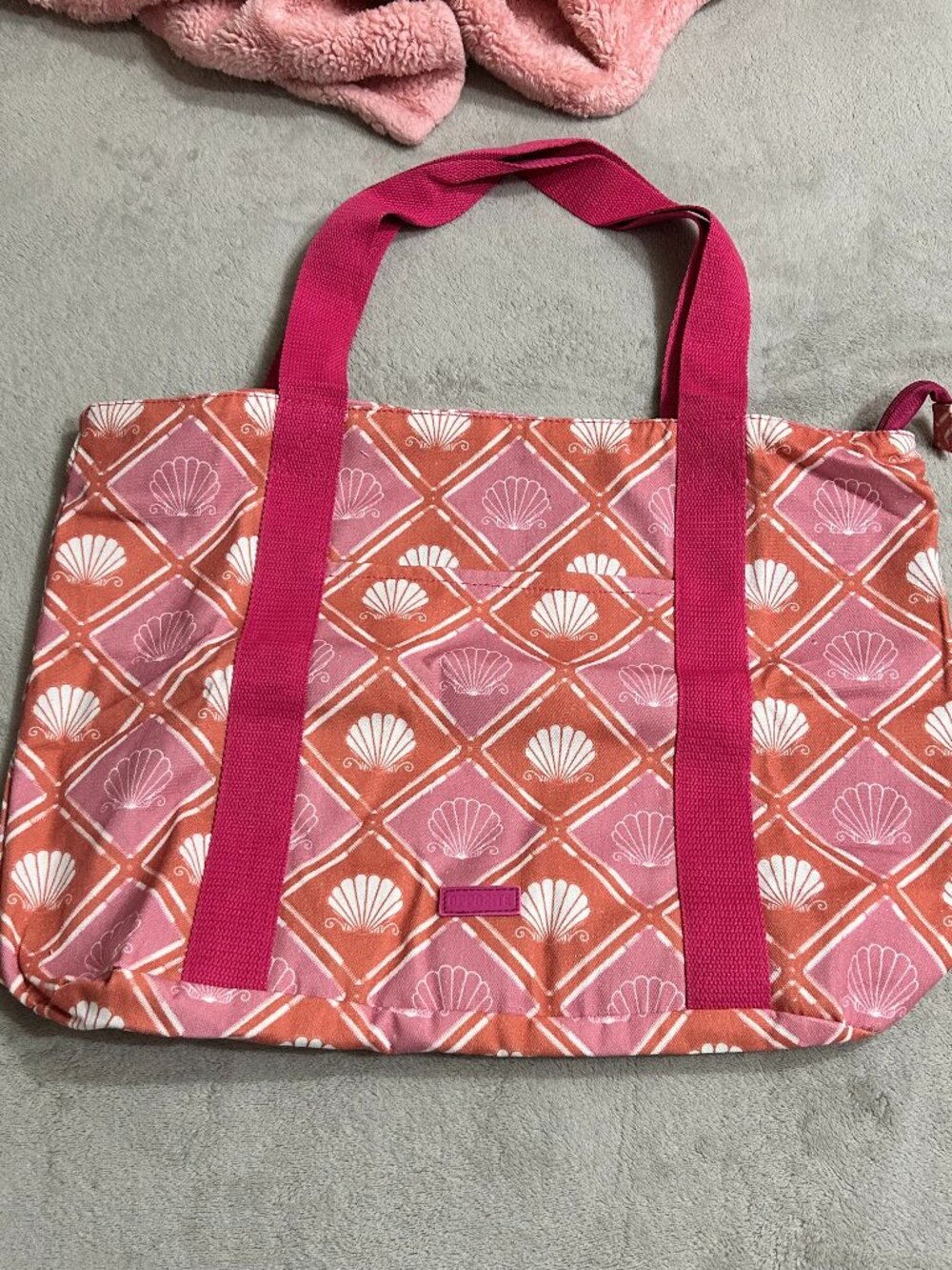 Coastal Seashell Print Zippered Tote Bag - Pink & Coral Canvas Beach Carryall